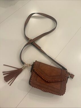 Women's Brown Woven Accent Crossbody Bag with Tassel